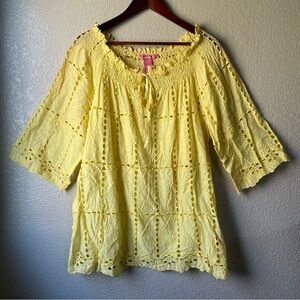 Butter Yellow Large Cotton Boho Crochet Peasant Tunic Top Beach Swim Cover Up